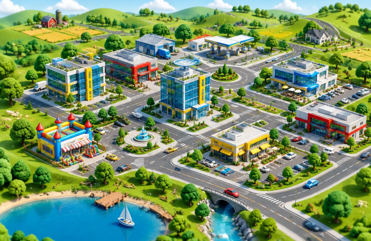 My City: green countryside, roads, bridges, shops, offices and warehouses